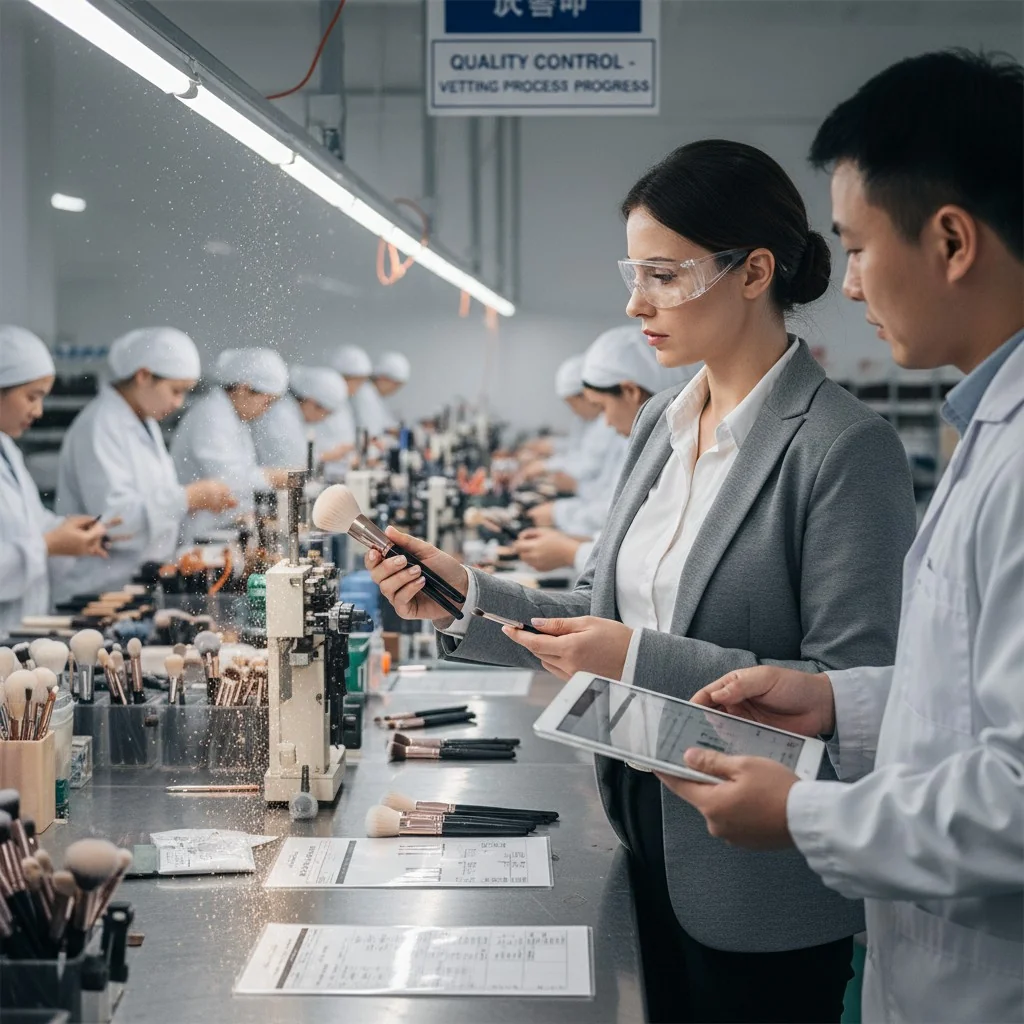 Sourcing manager inspecting makeup brushes in a factory setting.