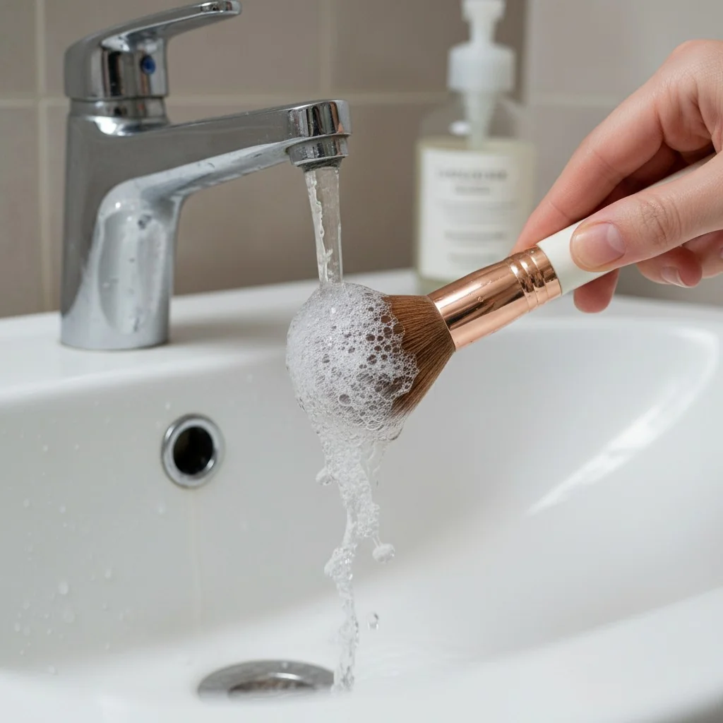 A makeup brush being washed under running water with a mild cleanser