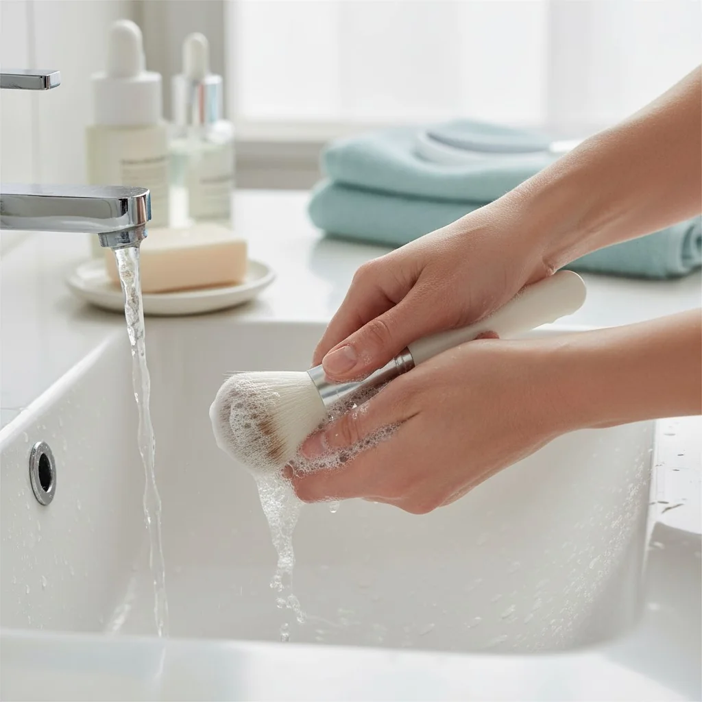 Person washing a makeup brush with soap and water in a sink