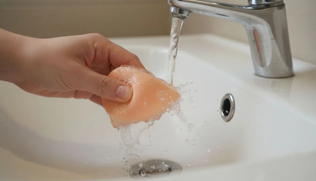 A hand squeezing a makeup sponge under running water in a sink.