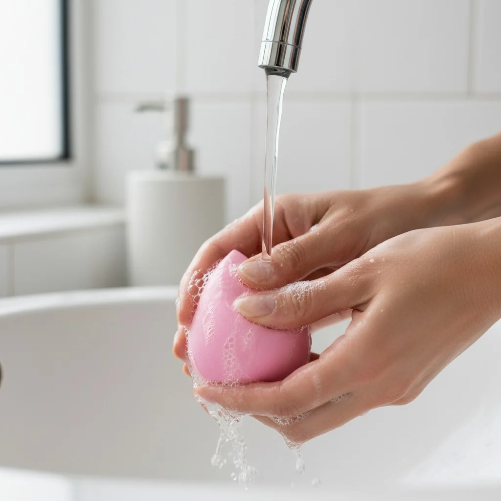 A person washing a makeup sponge under running water with soap