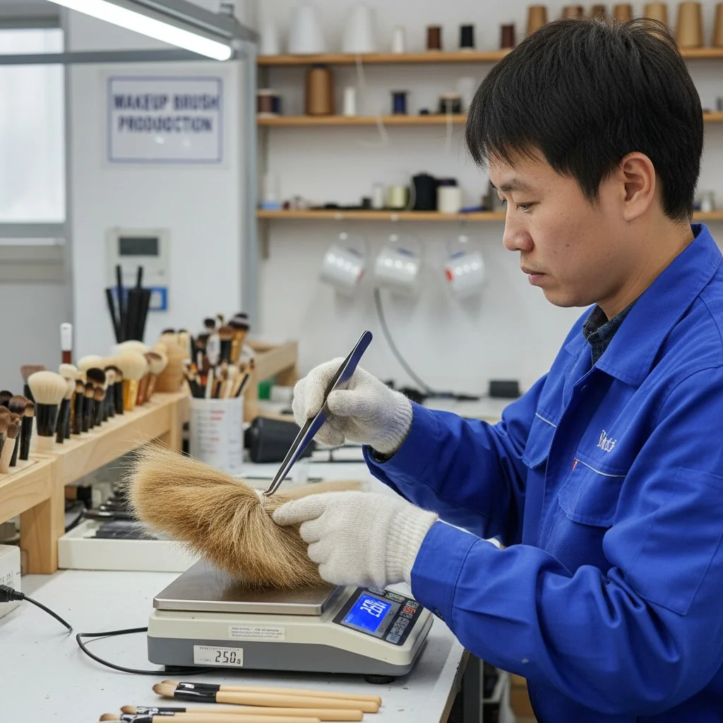 A factory worker carefully weighing a bundle of bristles before shaping.