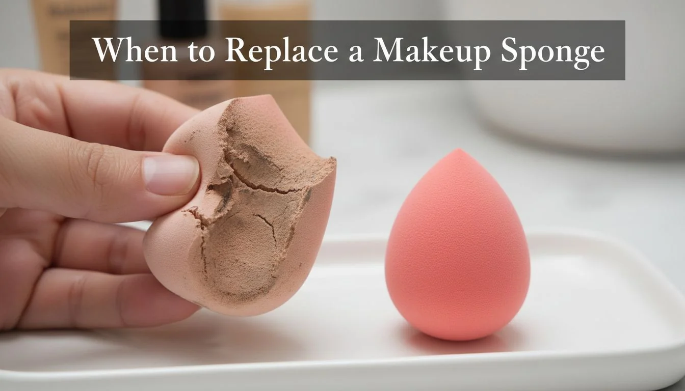 A hand holding a torn and stained makeup sponge next to a new, clean one.